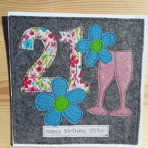 Handmade Personalised 21st Birthday card - female birthday - floral birthday OOAK - textile card - fabric card - hand stitched