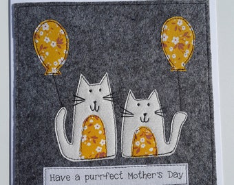 Handmade Mother's Day card - Mothering Sunday - card for cat mum - textile card - cat Mother's day card- mother's day cat mum