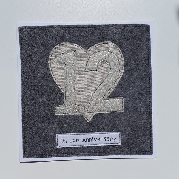 Our 12th Wedding Anniversary card - Linen - 12th Anniversary - for my husband - For my wife - Hand stitched - Textile card - Congratulations