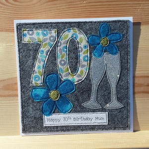 Handmade Personalised 70th Birthday card - female birthday - floral birthday OOAK - textile card - fabric card - hand stitched -any age