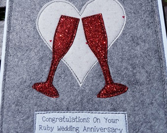 Handmade Ruby Wedding Anniversary Card – Embroidered Felt, 40th Anniversary