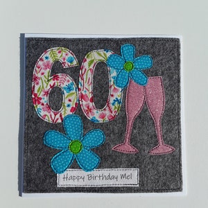 Handmade Personalised 60th Birthday card - female birthday - floral birthday OOAK - textile card - fabric card - hand stitched