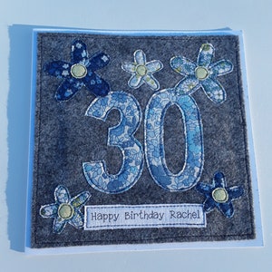 Handmade Personalised 30th Birthday card - female birthday - floral birthday OOAK - liberty textile card-liberty fabric card - liberty print