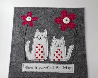 Handmade Birthday card for cat lover- OOAK Cat themed Birthday card -Cat Birthday card - Cat lover Birthday card - textile art - fabric card
