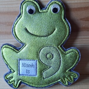 May include: A green frog-shaped applique with googly eyes and a smiling mouth. The number 9 is embroidered on the frog's body, along with the words "Niamh is" on a small square. The applique has a grey border.