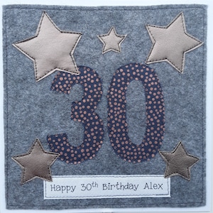 Personalised 30th Birthday card  - Unisex Birthday - Male 30th birthday - textile card - Handmade card - fabric card - hand stitched