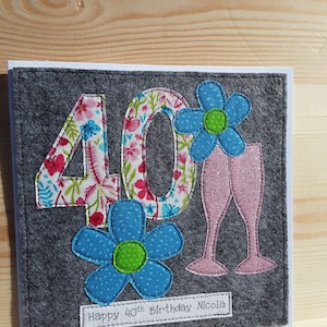 Carte personnalisée pour 40e anniversaire - anniversaire de femme - carte de fleurs - anniversaire floral - carte en textile - carte en tissu cousue à la machine - cousue à la main