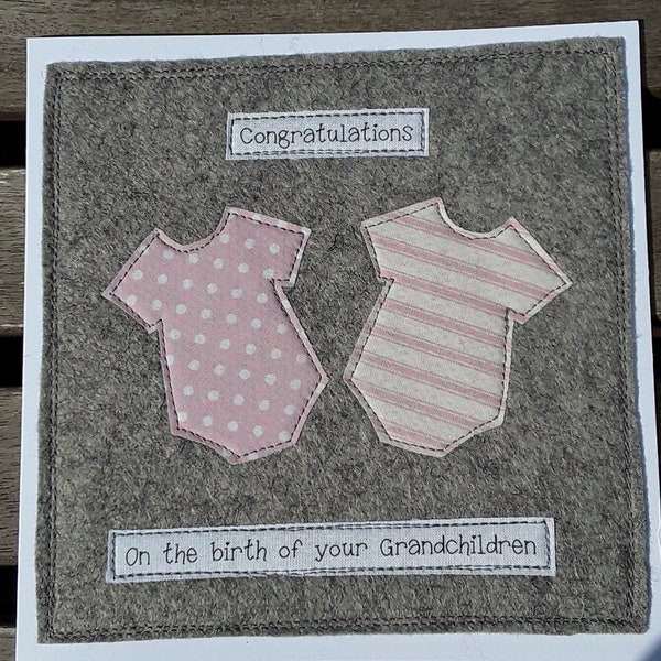 New Grandparents card - it's twins - on the birth of your Grandaughters - twin girls - Fabric card - proud grandparents - handmade card