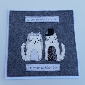 Carte de mariage faite main pour amoureux des chats - Carte de mariage sur le thème des chats - Carte de mariage pour amoureux des chats - art textile - carte en tissu OOAK