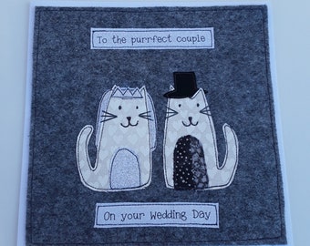 Handmade wedding card for cat lover - Cat themed wedding card - Cat lover wedding card - textile art - fabric card OOAK