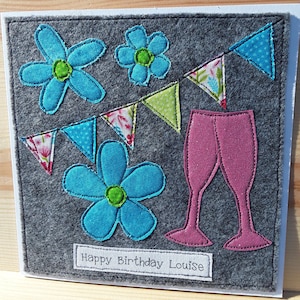 Personalised birthday card - female birthday - flower card - textile card- handmade card - fabric card-hand stitched-Best friend card OOAK