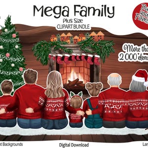 Ensemble de cliparts de famille de Noël : maman, papa, grands-parents, enfants, chien, chat | Fichiers PNG | Portrait de famille - frère, sœur, père, mère DIY