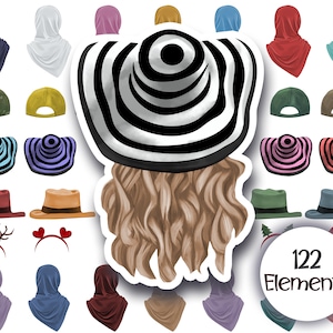 Op de afbeelding: Digitale illustratie van diverse hoofddeksels, waaronder hoeden, petten en hoofddoeken. De afbeelding toont een grote, gestreepte zonnehoed met lang, golvend haar. Andere items zijn baseballpetten, fedora's en haarbanden. De tekst "122 Elements" is ook aanwezig.