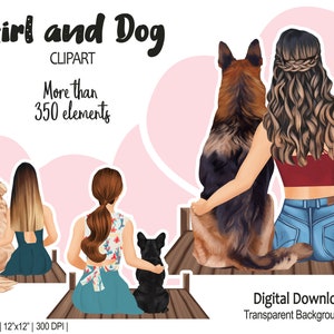 Beste vrienden meisje met hond clipart | Hond moeder PNG-bestanden, mode illustratie DIY, gratis commercieel gebruik, hondenliefhebber aanpasbaar cadeau ontwerp