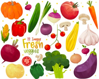 Vegetable Clipart | 22 PNG files | Farm produce: Onions, potato, tomato, carrot, pumpkin, red pepper, corn, mushroom, broccoli and more