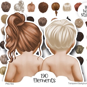 Op de afbeelding: Digitale illustratie met twee figuren met verschillende kapsels en huidtinten. De afbeelding bevat 10 haarstijlen en 190 elementen. Tekst op de afbeelding luidt "10 Hair styles", "190 Elements", "PNG files" en "Transparent Backgrounds".