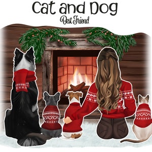Best Friends Girl with Dog and Cat Christmas Clipart Bundle | PNG files | Dog Mom, Cat lover Customizable Gift Design DIY