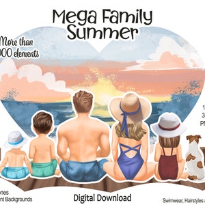 Family Clipart Summer Bundle: Mom, Dad, Kids, Dog and Cat Best Friends | PNG files | Big Family Portrait, fathers day, mothersday DIY