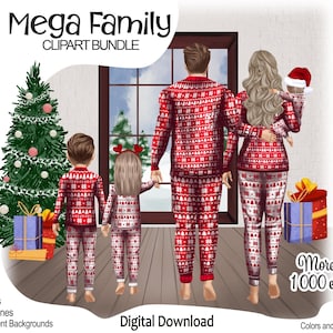 Christmas Family Clipart Bundle: Mom, Dad, Kids in Pajamas | PNG files | Family Portrait - brother, sister, father, mother DIY