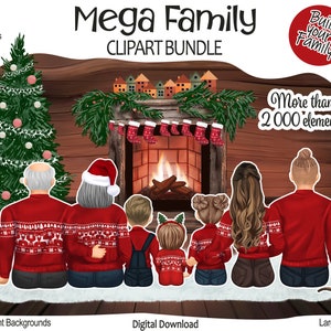 Ensemble de cliparts de famille de Noël : maman, papa, grands-parents, enfants, chien, chat | Fichiers PNG | Portrait de famille - frère, sœur, père, mère DIY