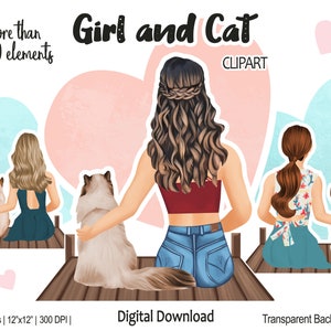 Beste vrienden meisje met kat clipart | Cat Mom PNG-bestanden, Fashion Illustratie DIY, Gratis Commercieel Gebruik, Cat Lover Aanpasbare Gift Design