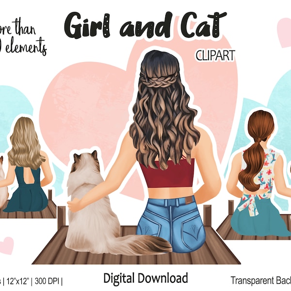 Best Friends Girl with Cat Clipart | Cat Mom PNG files, Fashion Illustration DIY, Free Commercial Use, Cat Lover Customizable Gift Design