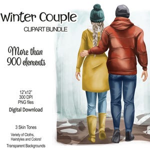 Winter paar clipartbundel | PNG-bestanden | Kerst familieportret, cadeau stelletjes DIY |