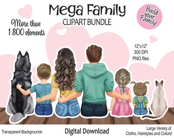 Family Clipart Bundle : Maman, Papa, Enfants, Chien et Chat Meilleurs Amis | Fichiers PNG | Portrait de famille - frère, sœur, fête des pères, fête des mères DIY