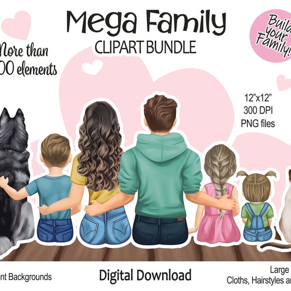 Familien-Clipart-Paket: Mama, Papa, Kinder, Hund und Katze, beste Freunde | PNG-Dateien | Familienporträt – Bruder, Schwester, Vatertag, Muttertag, DIY