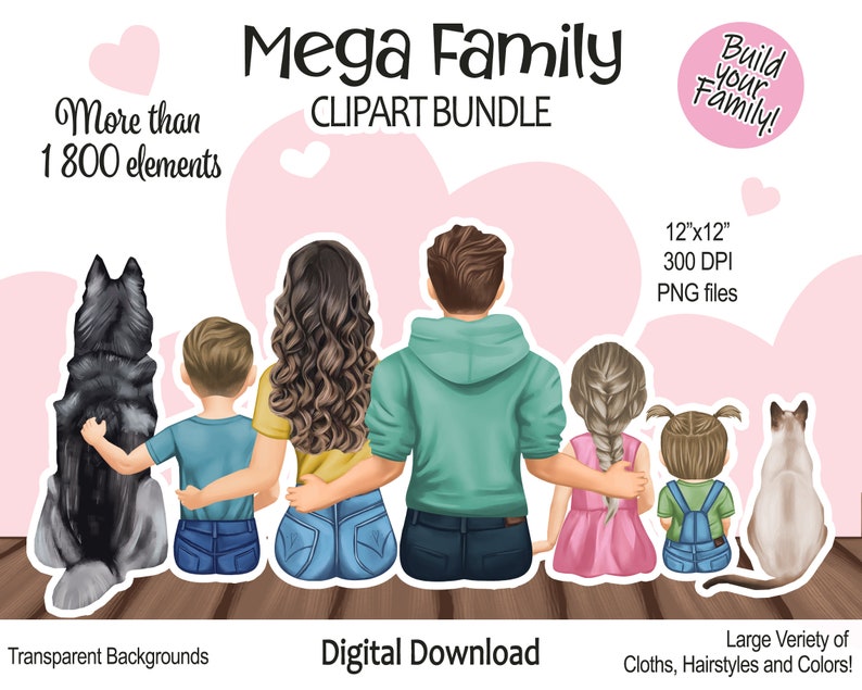 Family Clipart Bundle: Mom, Dad, Kids, Dog and Cat Best Friends PNG files Family Portrait brother, sister, fathers day, mothersday DIY zdjęcie 1