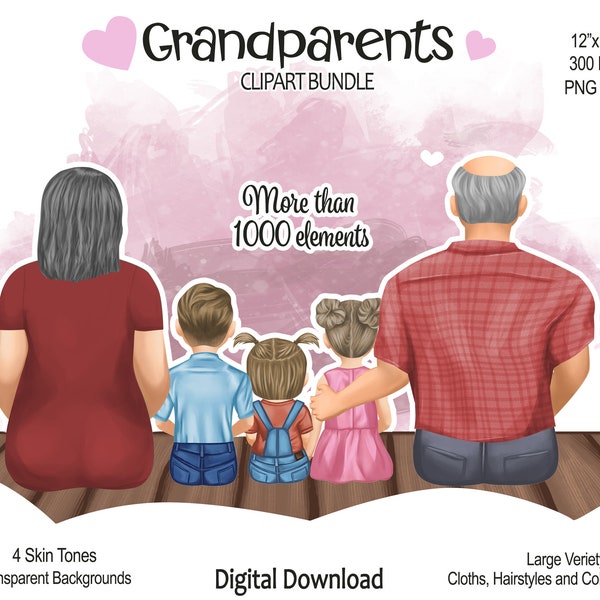 Grandparents Clipart Bundle: Grandma, Grandpa, Kids | PNG files | Family Portrait -  DIY gift for grandparents, grandmother, grandfather