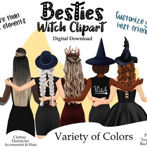 Halloween vrienden clipart | PNG-bestanden | Halloween Witch Friends, Fall Clipart, Heksenhoed en bezem, Fashion Illustratie DIY