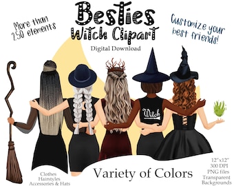 Halloween Witch Friends Clipart: DIY Fashion Illustration (PNG Files)