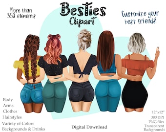 Best Friends Clipart, Fashion Illustration, DIY PNG Files (Digital Download)