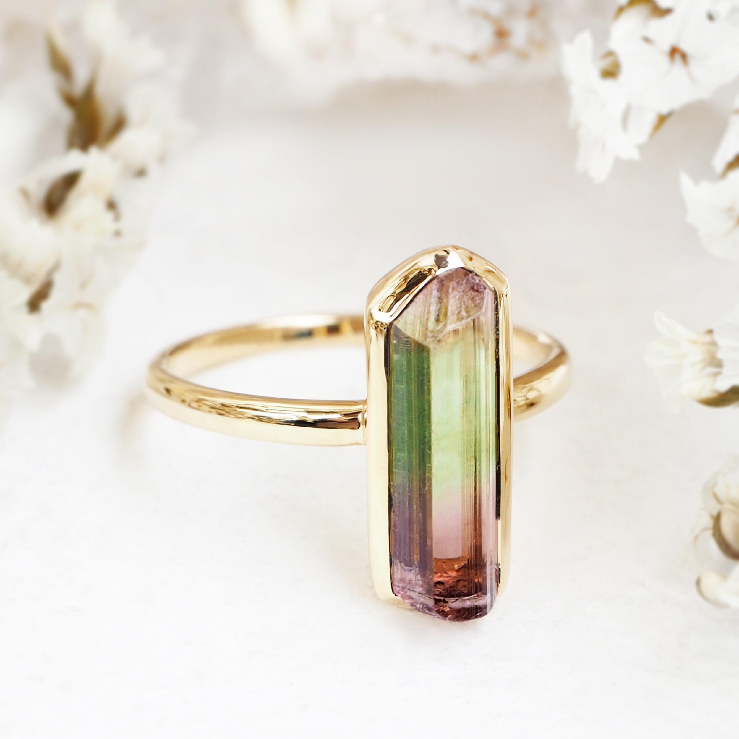 14k Solid Gold Watermelon Tourmaline Raw Stone Ring For Women Etsy