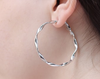 Large Twisted Hoop Earrings - Sterling Silver Hoops