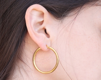 Hoop Earrings - 14K gold plated Hoop Earrings - 14K Gold plated Hoops - Thick Hollow Hoops - Large Hoop Earrings -  Stainless steel