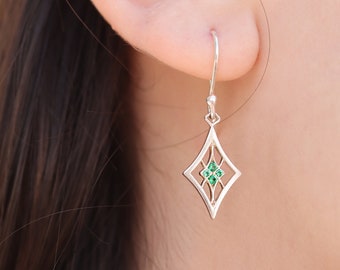 Green Emerald earrings, Green dangle earrings, Celtic earrings, Sterling silver Celtic knot, Green gemstone, Long, Celtic Emerald Jewelry