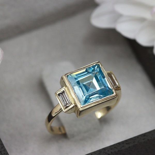 London blue topaz  Ring - December birthstone - Gold Ring - Gemstone - Engagement Ring - Statement Ring - Cocktail Ring - Square Princess