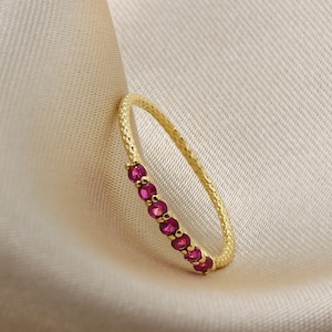 Half Eternity Pink Ruby Gold plated Ring, Womens Half Eternity, Stacking Ring, Anniversary Ring Band