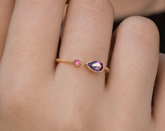 Open Purple amethyst and Pink CZ ring, dainty gold plated ring, pear gemstone, gift for her