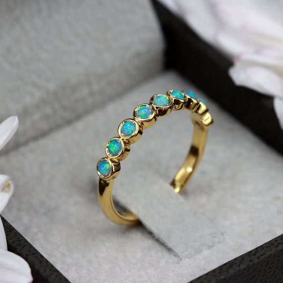 Half eternity opal ring - Handmade opal rings for women - blue opal ring - sterling silver rings - stack rings - silver jewelry - gift wrap