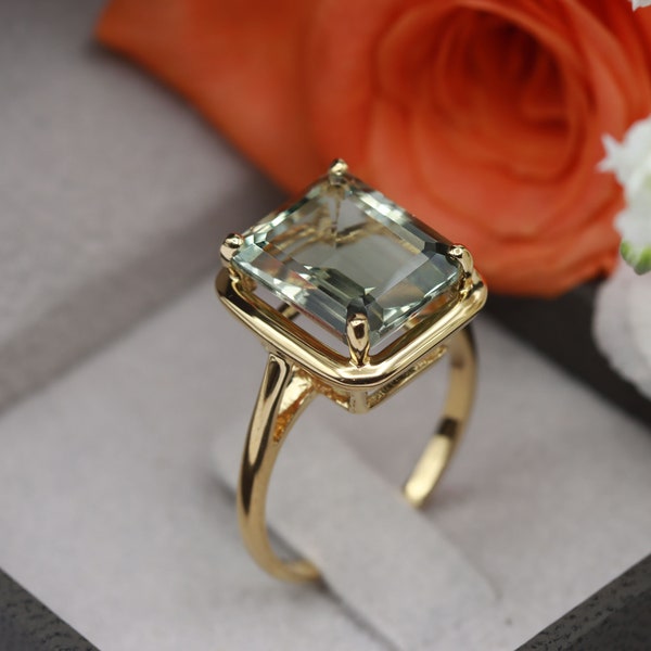 Green Amethyst Ring - February birthstone - Gold Ring - Gemstone - Engagement Ring - Statement Ring - Cocktail Ring - Rectangle Ring