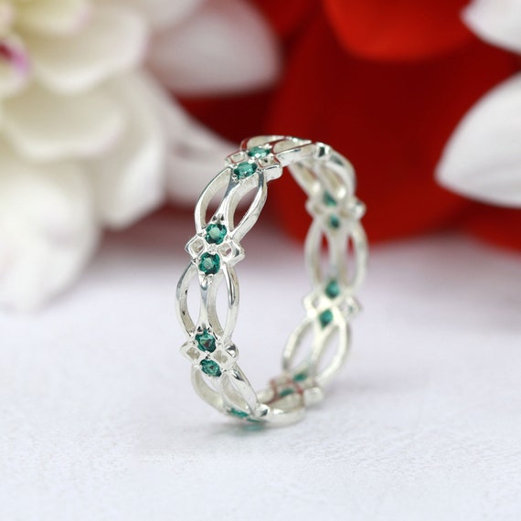 Sterling Silver Celtic Ring Eternity Ring Blue Emerald Ring Etsy