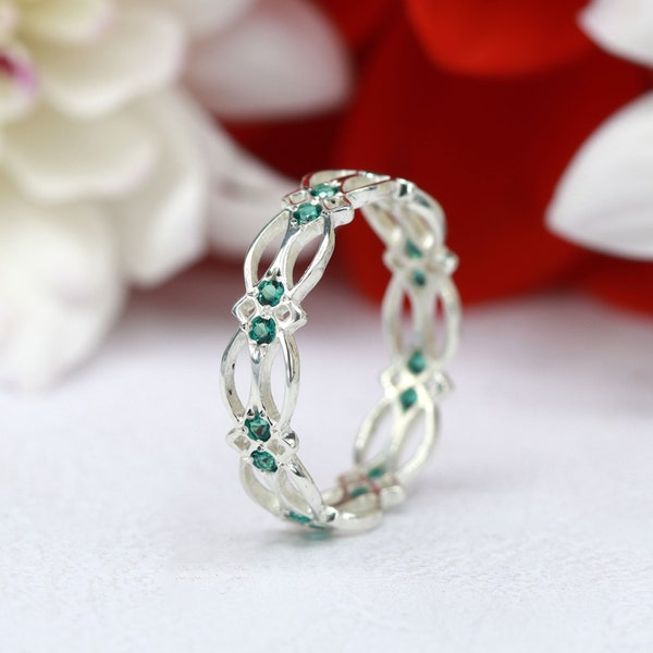 Sterling Silver Celtic Ring - Eternity Ring - Blue Emerald Ring