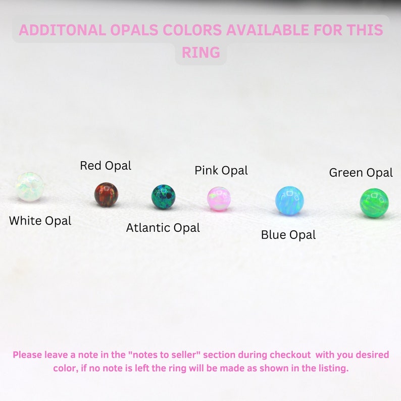 May include: A selection of opal colors for a ring, including white, red, pink, green, blue, and Atlantic. The text reads "Additional Opals Colors Available for this Ring".