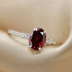 Red Garnet oval ring with simulant diamonds, gemstone ring, cz diamond ring, red gemstone ring for women, Silver ring, Gold ring