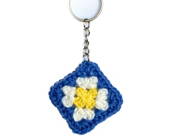 Granny Square Crochet Keychain / Purse Charm *Blue, White, Yellow* - 100% Cotton yarn - handmade crochet
