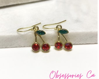 CHERRY EARRINGS-Cherry Crystal Earrings/Dangle Earrings/Fruit Earrings/Cherry Jewelry/Birthday Gifts/Cherries/Valentines Day Gifts For Her