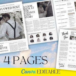 May include: A four-page wedding announcement newspaper template with a black and white design. The front page features a photo of a couple in a forest setting. The headline reads "The Newlywed Post". The other pages include a wedding timeline, a thank you message, and a wedding bingo game.